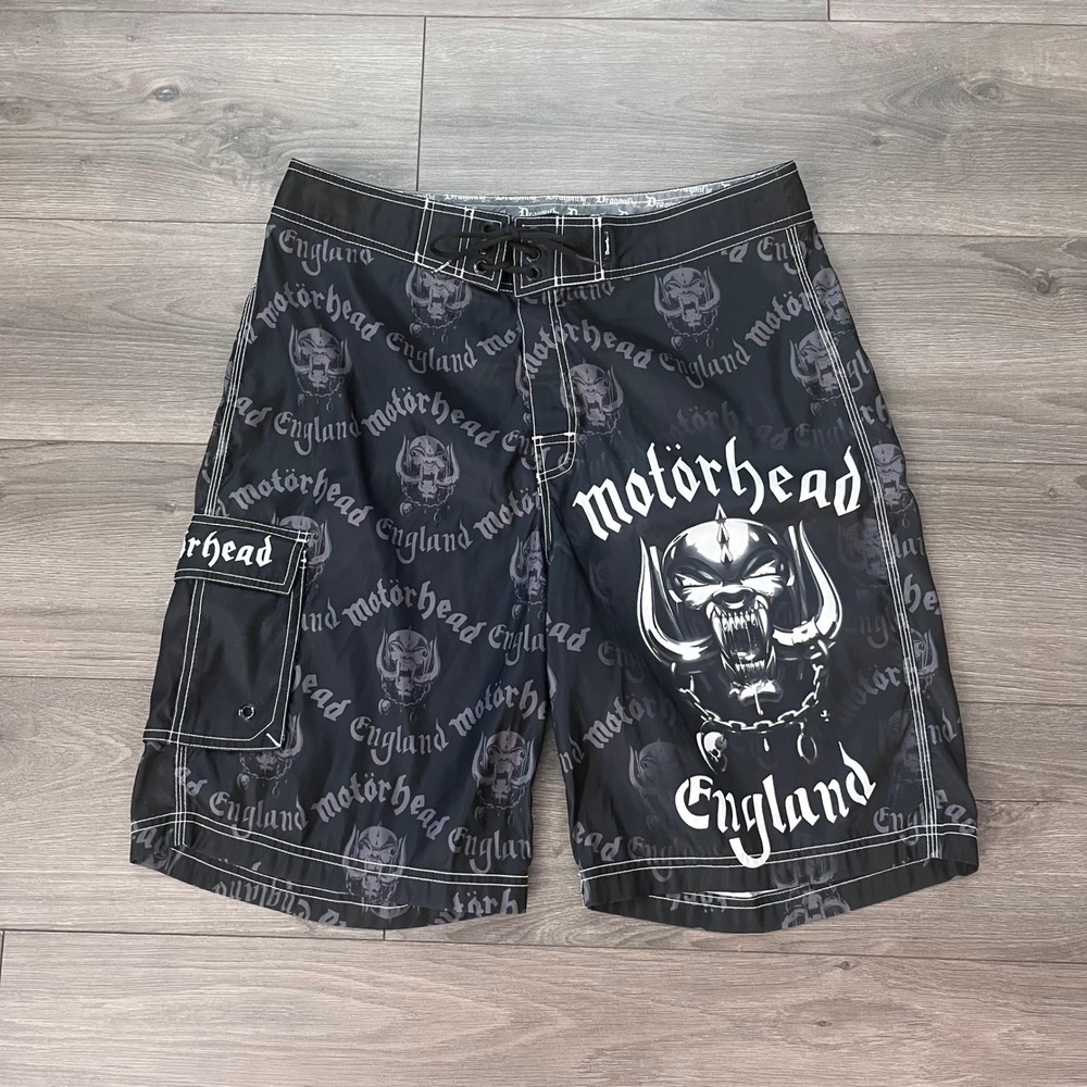 Dragonfly Motorhead England Board Shorts Mens 34 Black Heavy Metal Swim Trunks